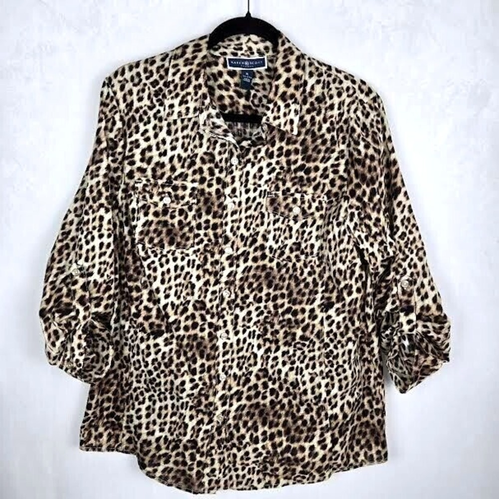 Sami & Jo Animal‎ Print Leopard Shirt Jacket Women XL Roll Tab Sleeve - Picture 2 of 7